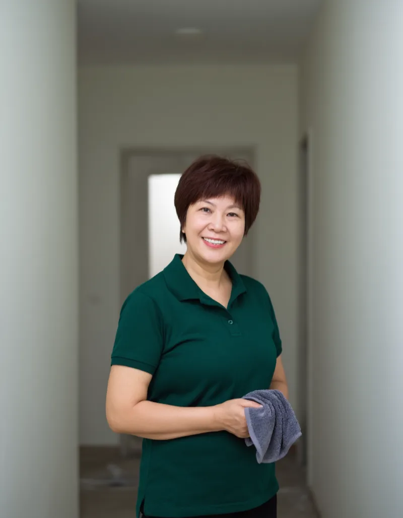 A Putzpreis cleaner in a plain dark green polo shirt standing in an apartment hallway