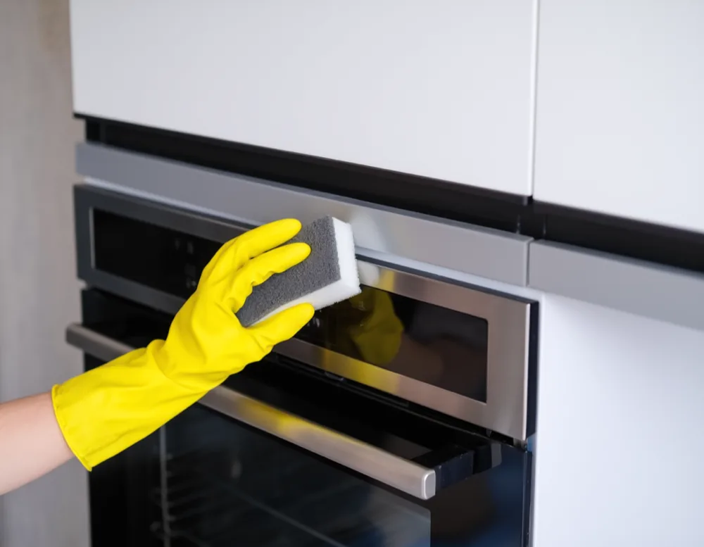 An open oven being scrubbed out in an ordinary apartment kitchen